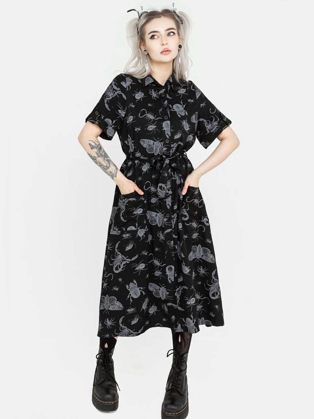 Disturbia Parasite Bugs Black Button-Front Midi Dress - Picture 2 of 8